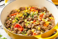 Skillet Ground Beef with Sweet Corn and Bell Peppers