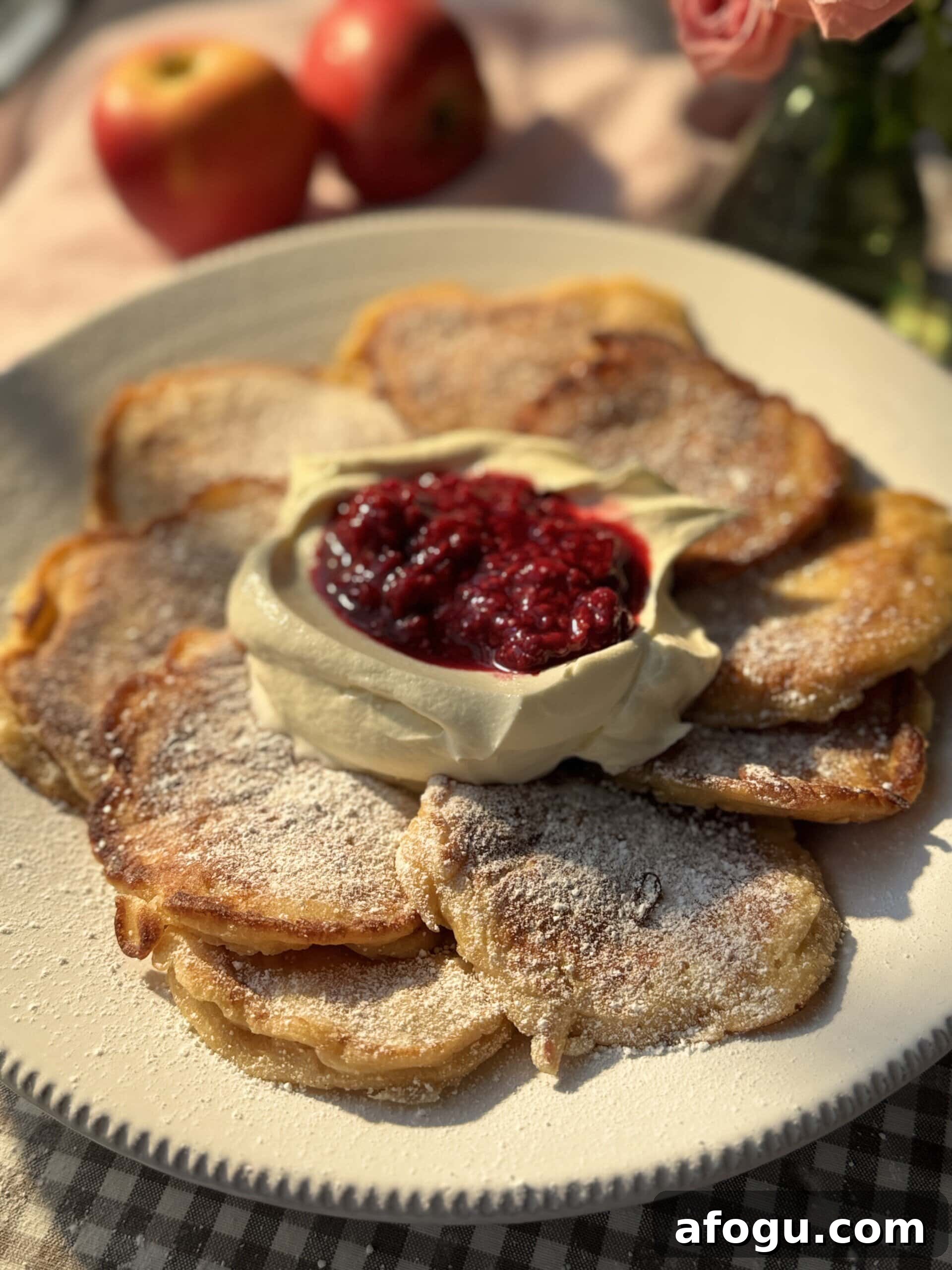 Polish Racuchy: Classic Apple Pancake Recipe You’ll Love 14 racuchy on a white plate with raspberry compote and whipped cream.