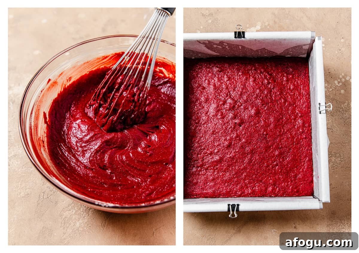 red velvet brownie batter and baked red velvet brownie