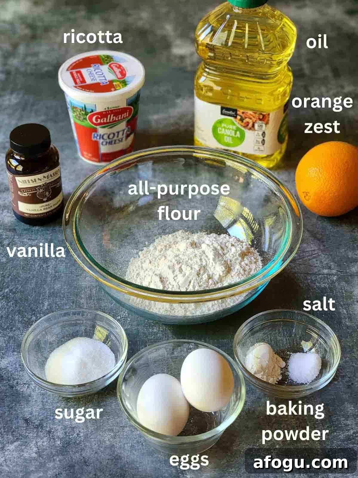 Orange Ricotta Zeppole: Classic Italian Ricotta Doughnut Recipe 3 Ingredients for orange ricotta donuts on a blue surface.
