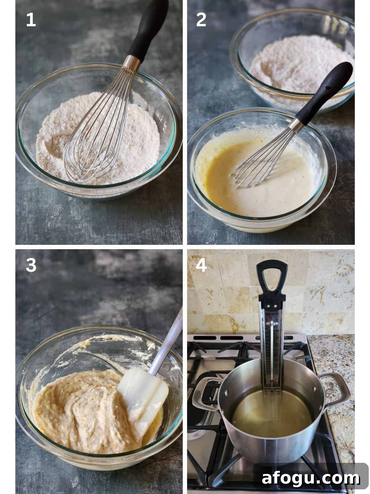 Orange Ricotta Zeppole: Classic Italian Ricotta Doughnut Recipe 5 A collage of 4 steps to make fried ricotta donuts.
