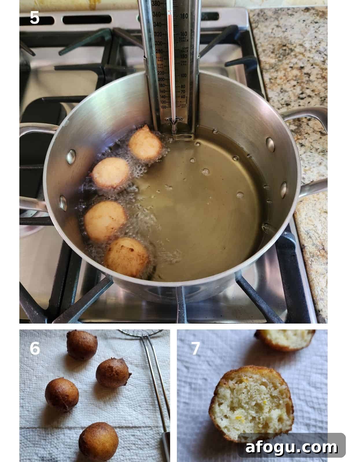 Orange Ricotta Zeppole: Classic Italian Ricotta Doughnut Recipe 6 A collage of 3 steps showing how to fry orange ricotta zeppole.