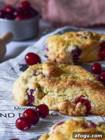 Angled view of cranberry orange scones on a cooling rack with scattered cranberries.