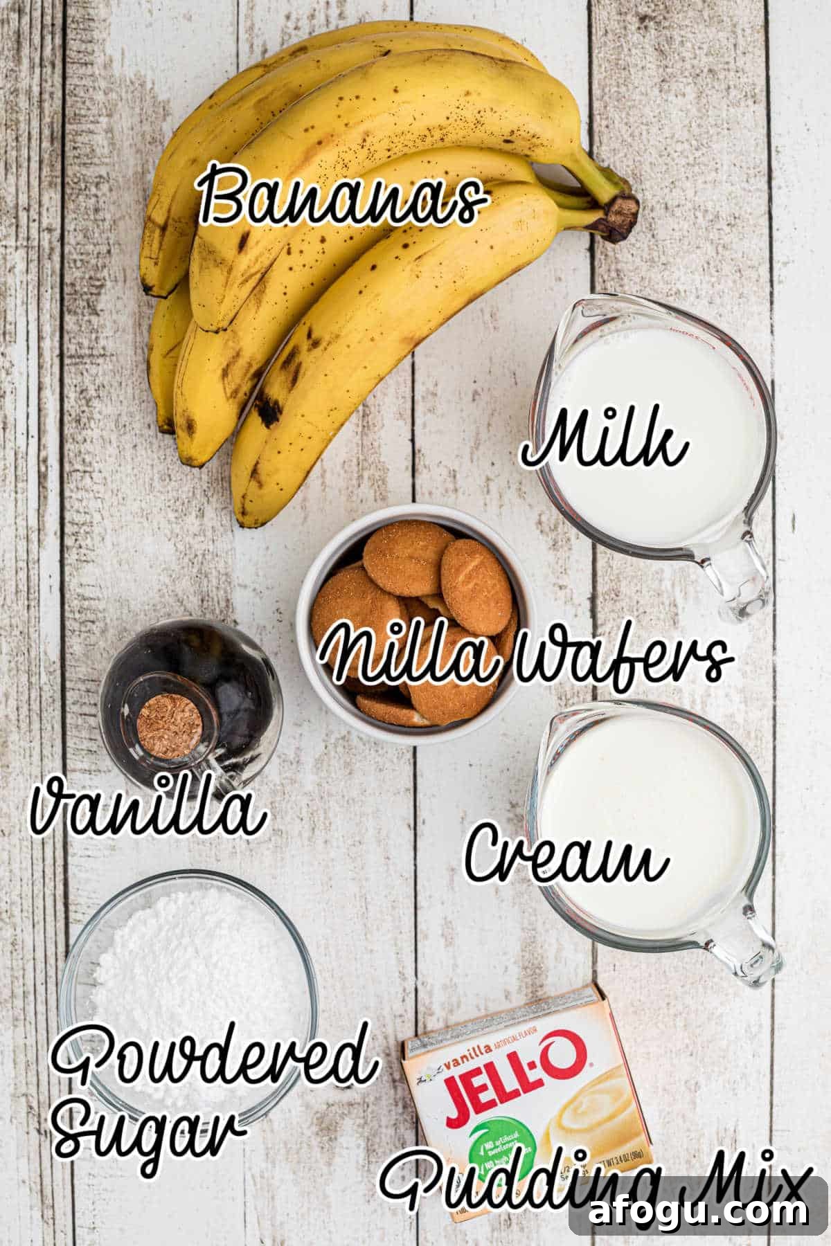 Ingredients needed to make banana pudding cups, with text overlay.
