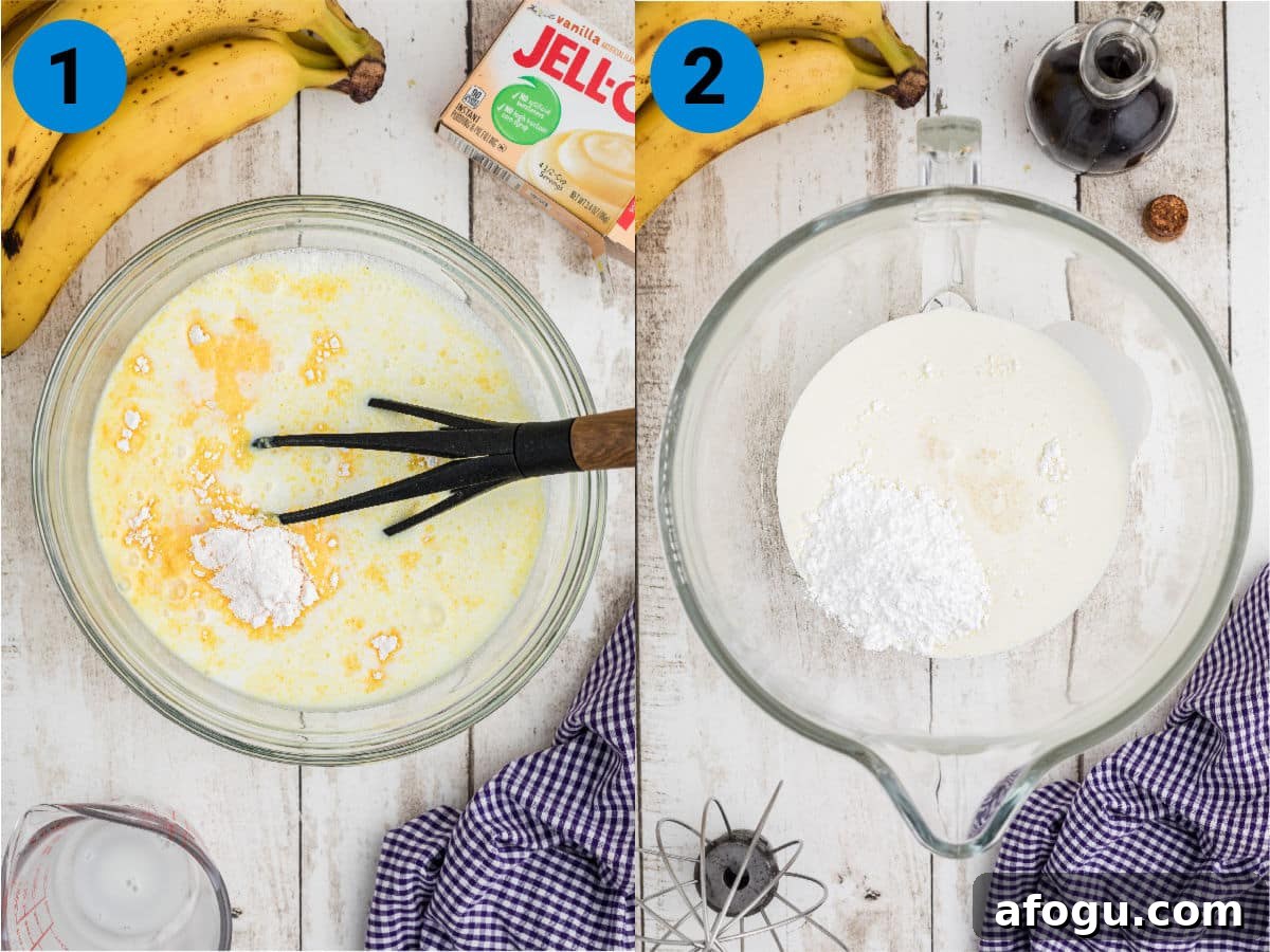 Collage of two images showing how to make banana pudding cups.