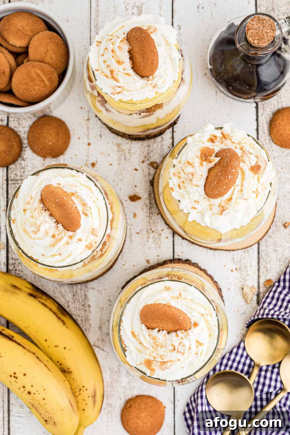 Overhead shot of some banana pudding cups.