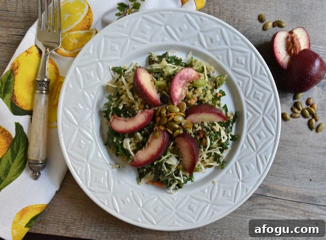 Quinoa and Nectarine Slaw top down view with fork and napkin