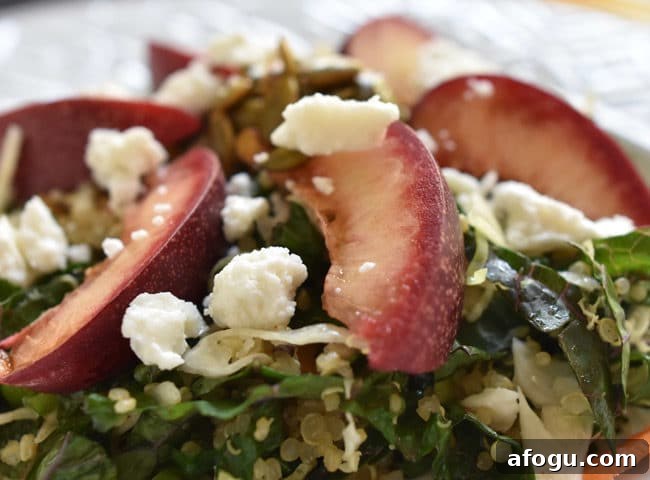 Quinoa and Nectarine Slaw close up view of salad especially cheese and nectarine