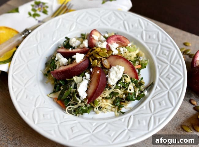 Quinoa and Nectarine Slaw in white plate at an angle w cheese