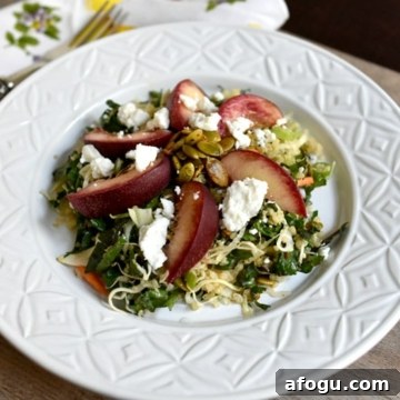 Quinoa and Nectarine Slaw in white plate at an angle w cheese