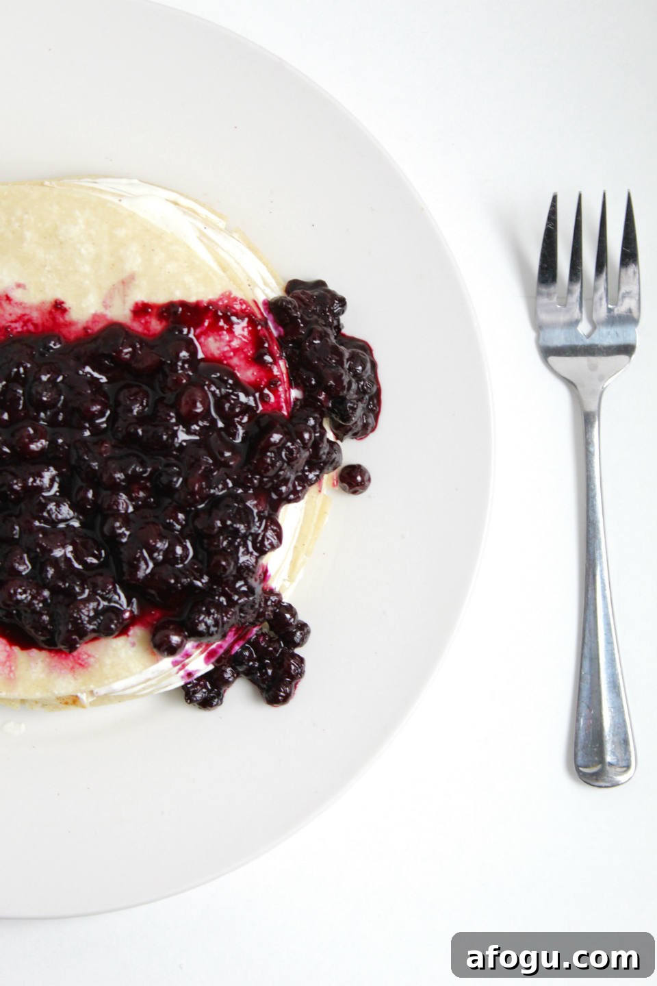 Gluten Free Crepe Cake Recipe & Blueberry Topping Overhead on Plate