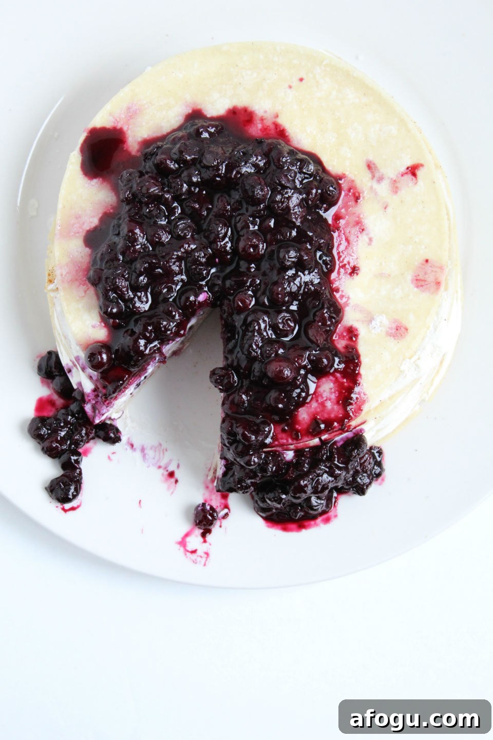 Gluten Free Crepe Cake Recipe & Blueberry Topping Overhead Slice Missing