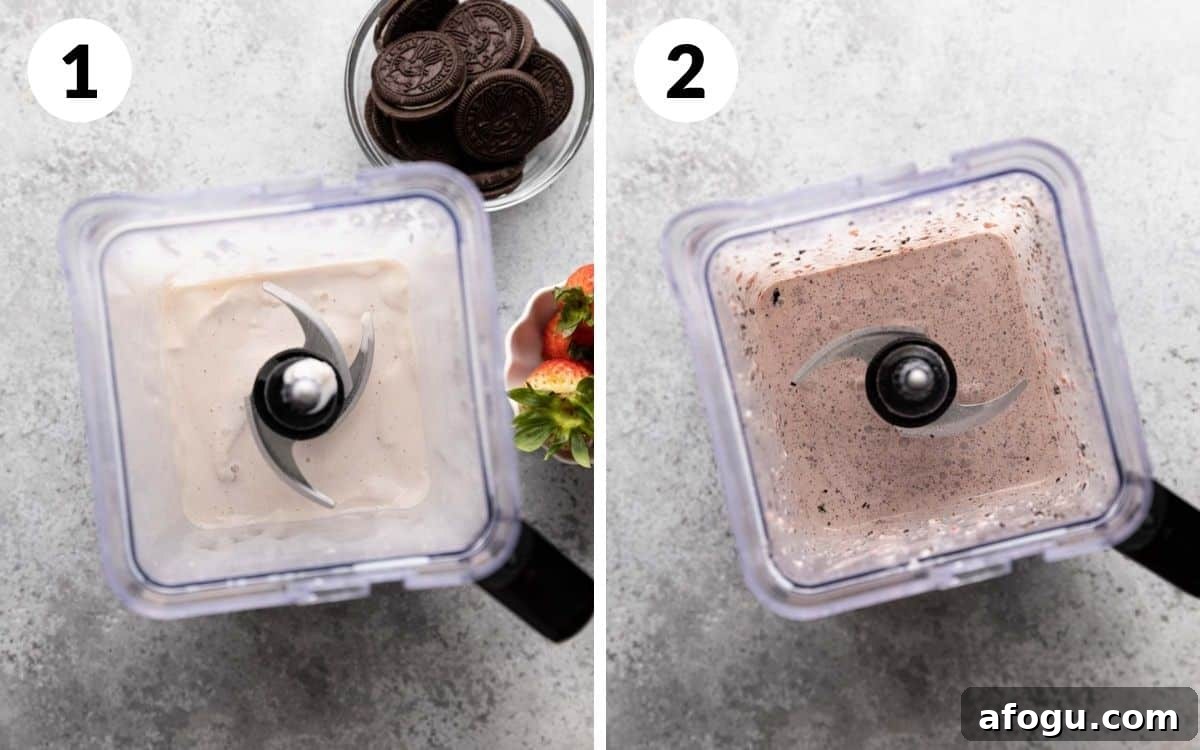 steps 1 & 2 milk and ice cream blended in blender oreo and strawberry blended in blender