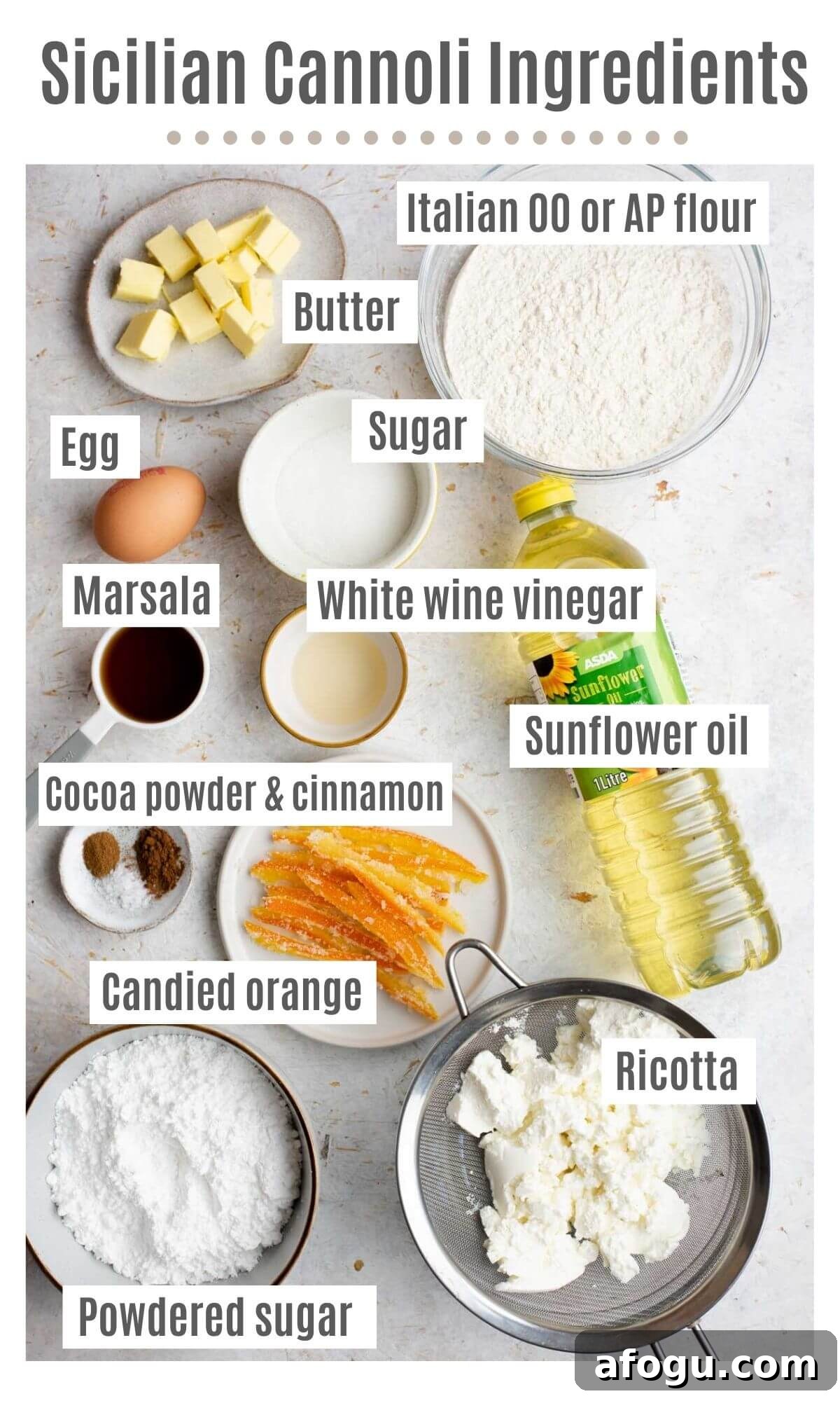 Homemade Sicilian Cannoli Recipe: Crispy Shells & Ricotta Filling 3 An overhead shot of all the ingredients you need to make homemade cannoli