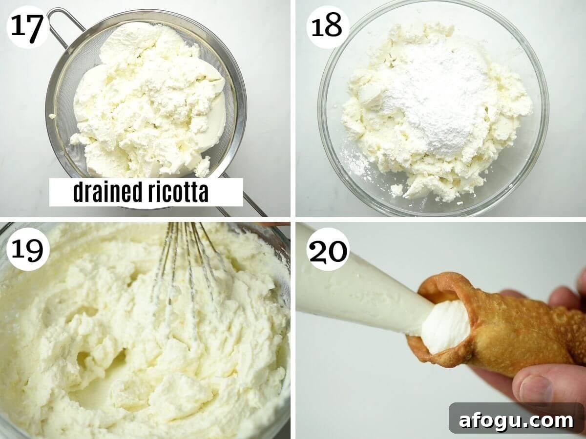 Homemade Sicilian Cannoli Recipe: Crispy Shells & Ricotta Filling 8 Step by step photos showing how to make cannoli filling and pipe it into the shells