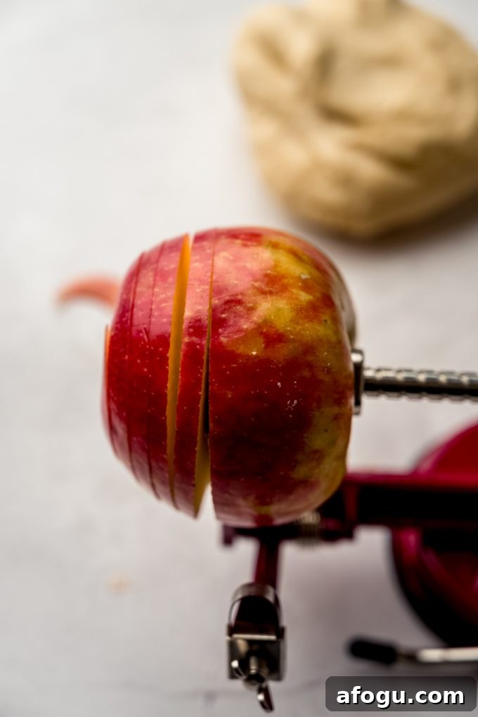 An apple on an apple slicer/corer.