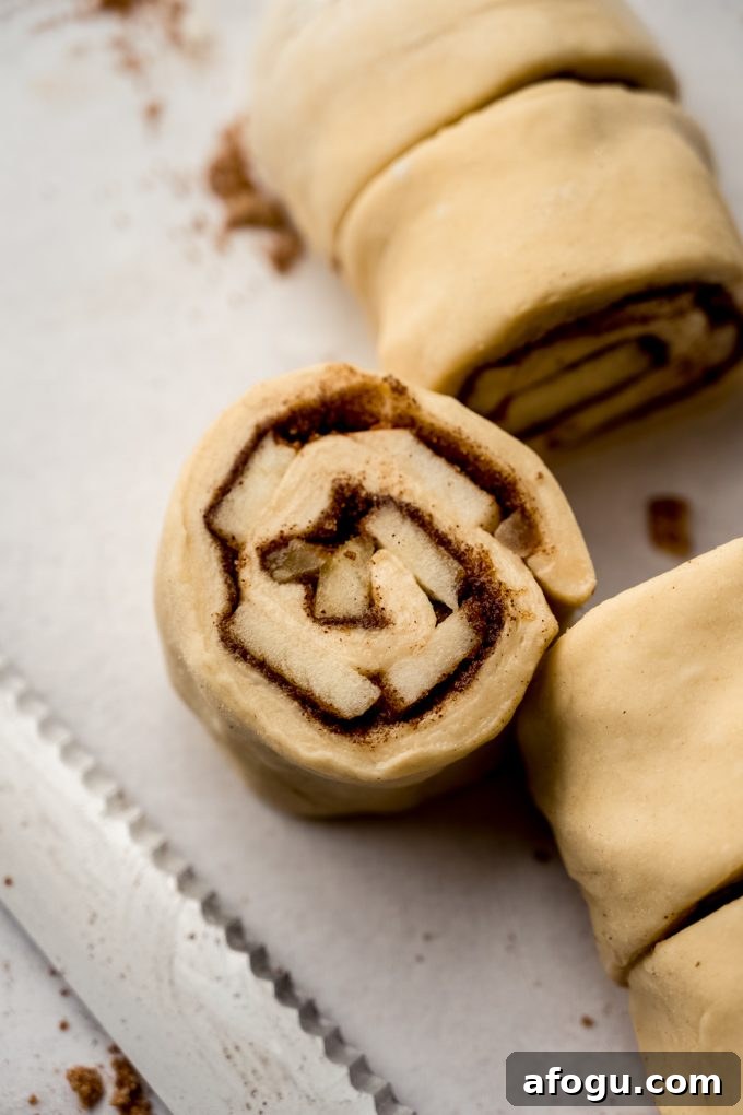 Apple cinnamon rolls sliced before baking.
