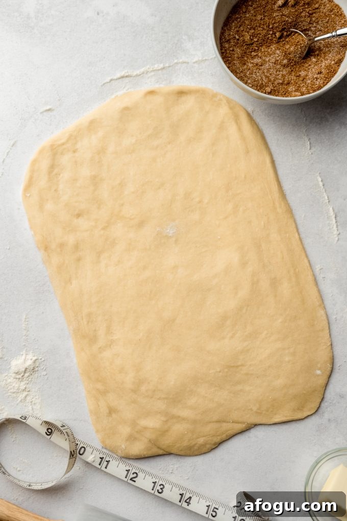 Aerial photo of a rectangle of dough to make apple cinnamon rolls.