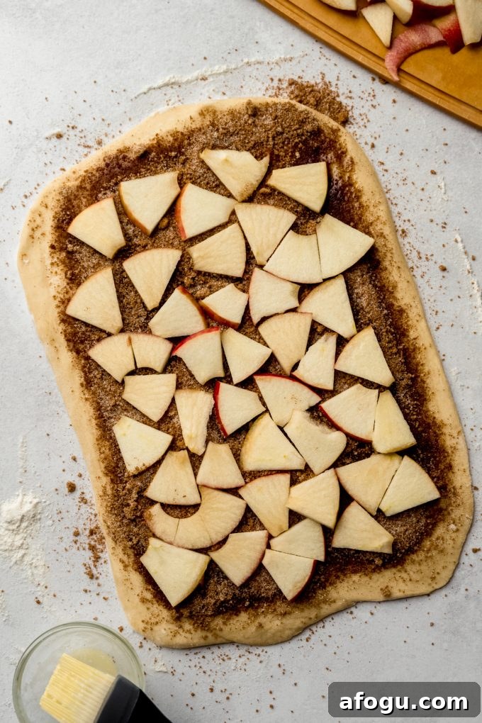 Aerial photo of a rectangle of dough to make apple cinnamon rolls.