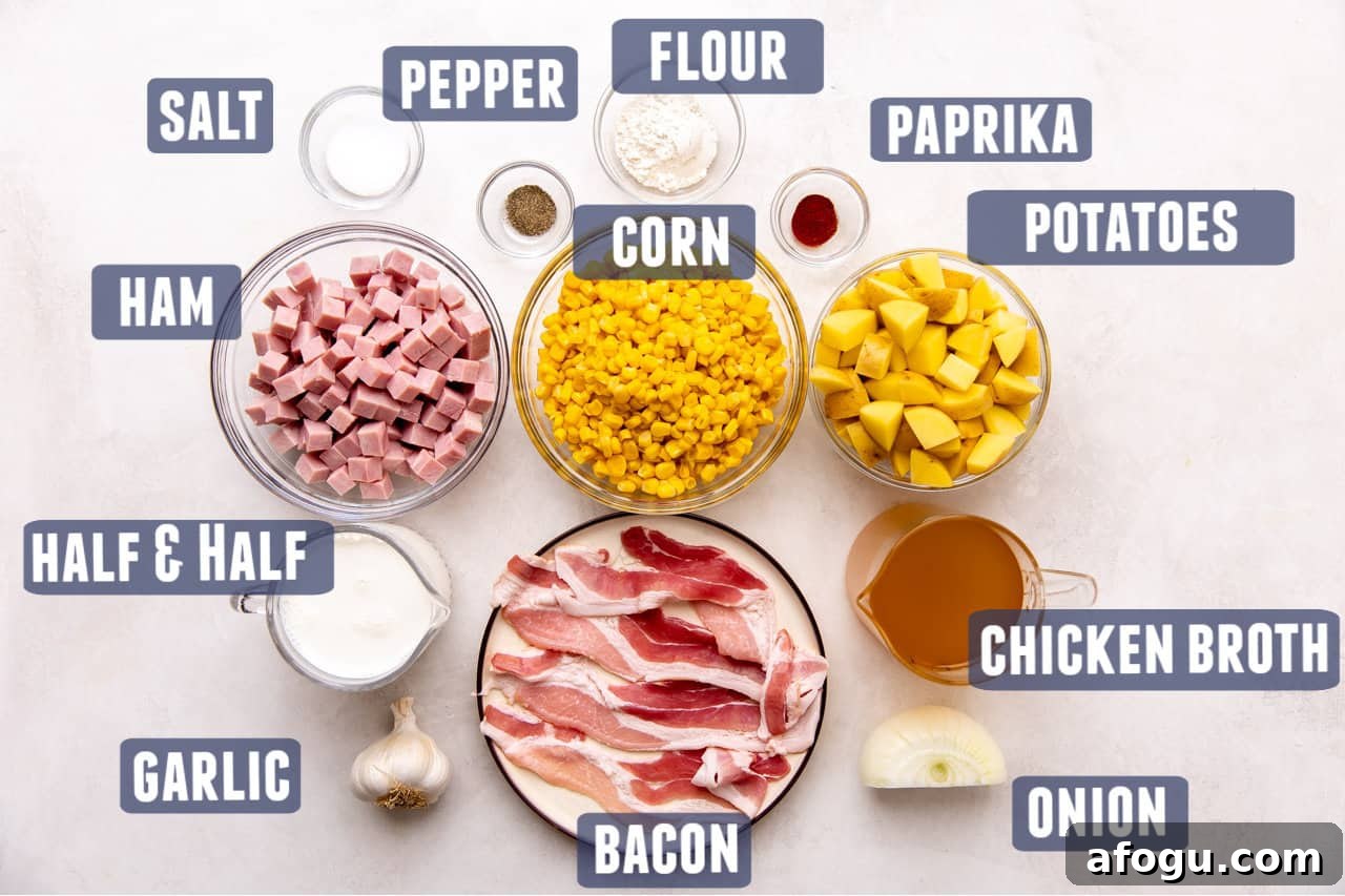 Ingredients needed for making homemade corn chowder laid on the counter.