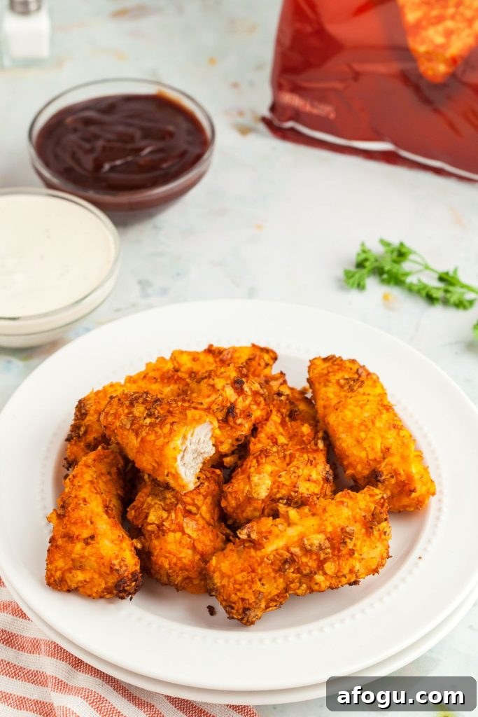 Crispy Dorito-Crusted Air Fryer Chicken Recipe 2 Golden chip coated chicken stacked on a white plate with ranch and bbq seasonings on the table