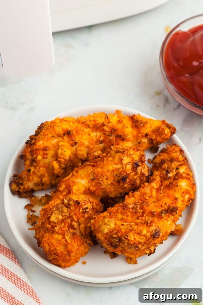 Crispy Dorito-Crusted Air Fryer Chicken Recipe 8 Three dorito coated chicken strips on a white plate