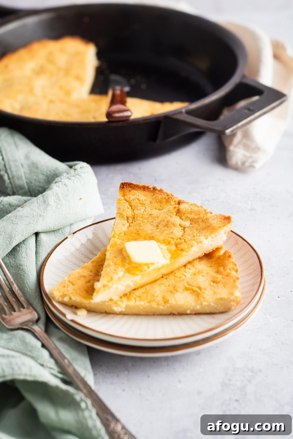 Two slices of cornbread on top of one another on a white plate. A skillet with the cornbread in it is behind the plate.