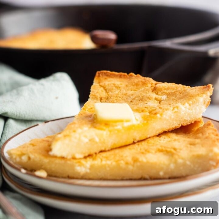 Two triangular pieces of cornbread on top of one another on a white plate.