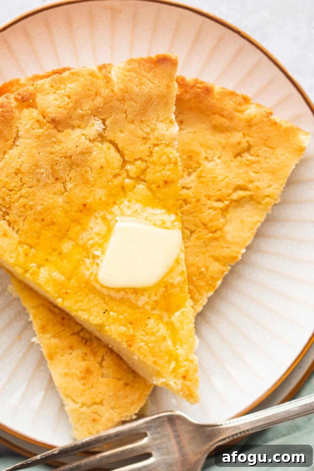 A triangle cornbread on top of another piece of cornbread on the white plate.