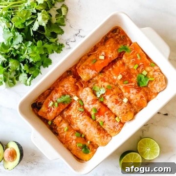 A baking dish full of chicken enchiladas is surrounded by cut limes, a halved avocado, and cilantro.