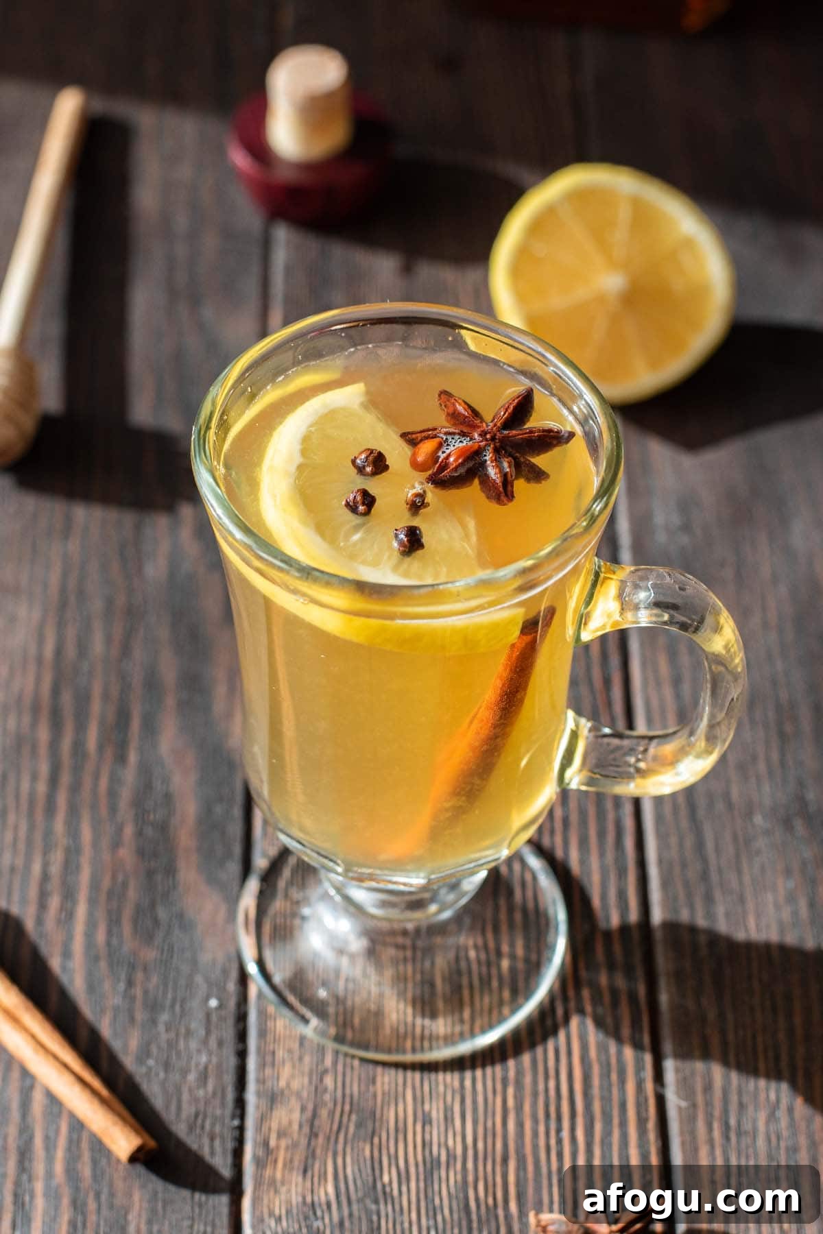 A classic Hot Toddy cocktail garnished with a cinnamon stick, lemon slice, and star anise on a dark wooden table.