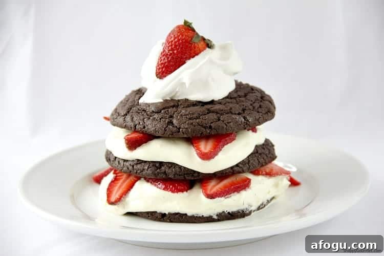 Chocolate Strawberry Shortcake with Amaretto Cream Filling 3 Chocolate Strawberry Shortcake on white plate