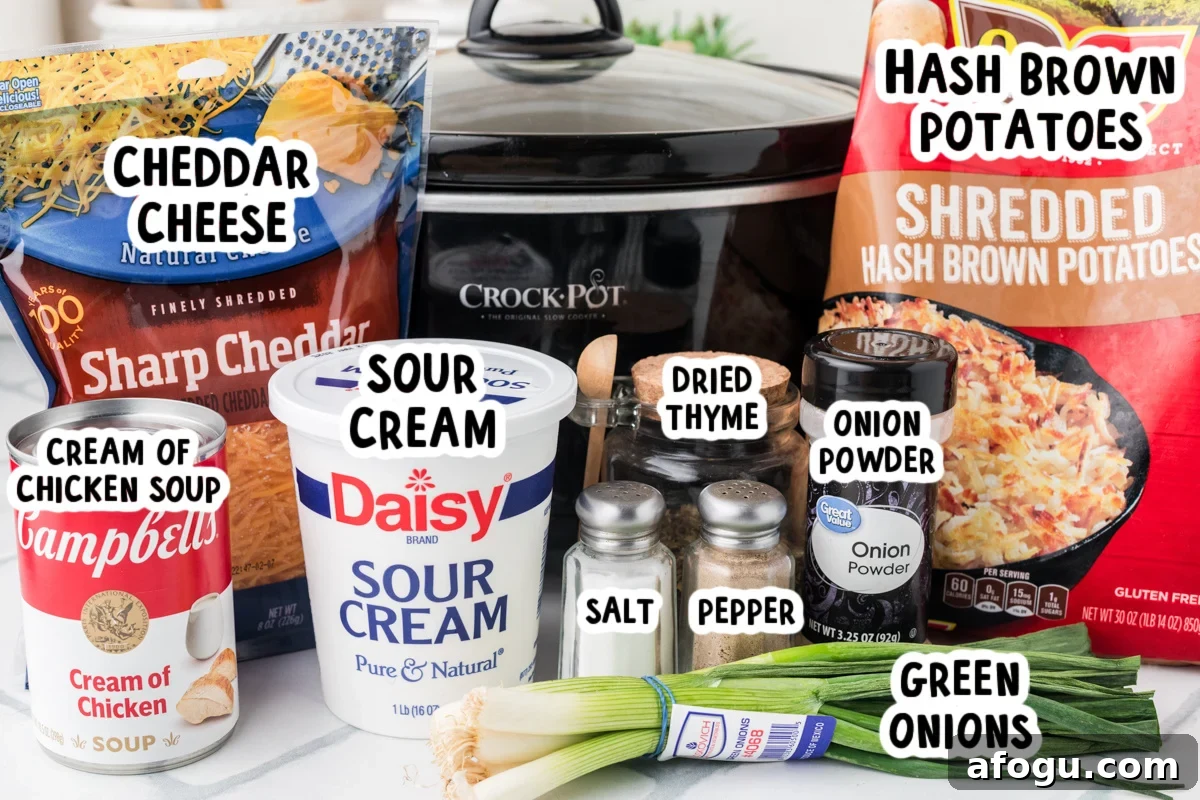 Ingredients for slow cooker party potatoes on a table.