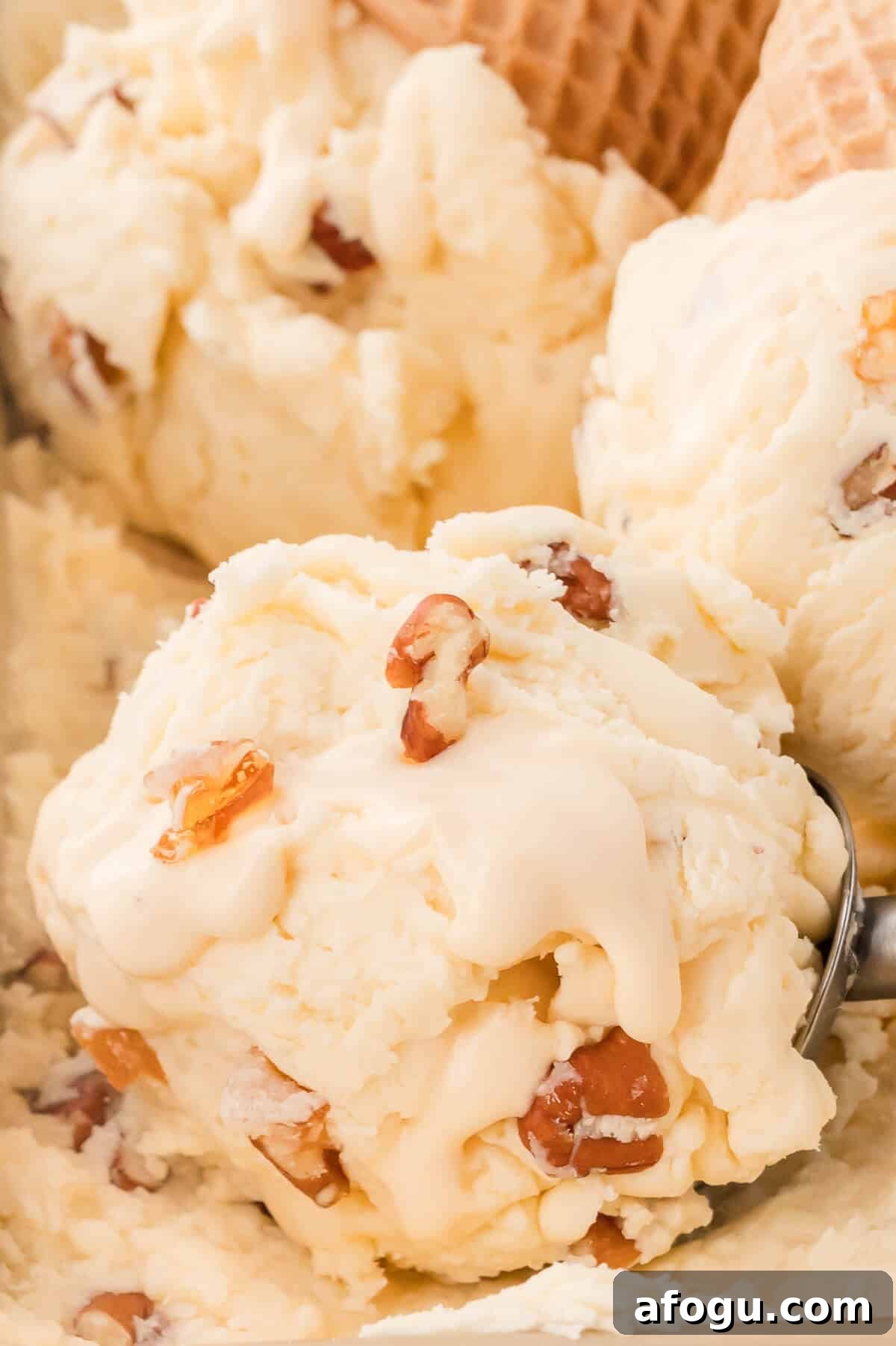 Maple pecan ice cream in an ice cream scoop.