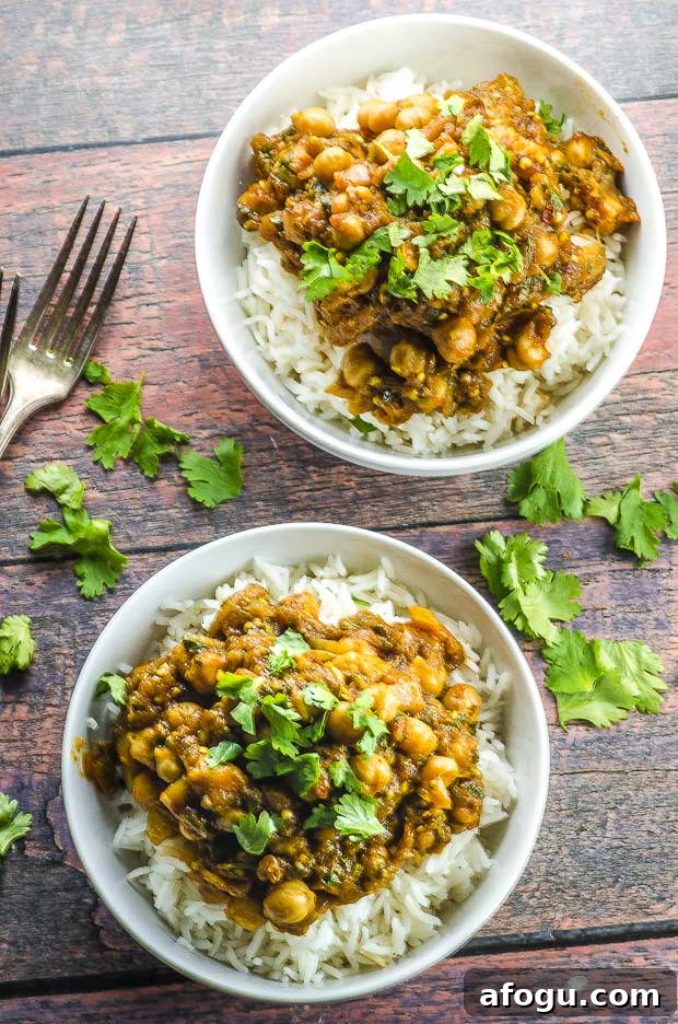 Birds eye view of two white bowls filled with white rice and eggplant and chickpea curry, garnished with fresh cilantro