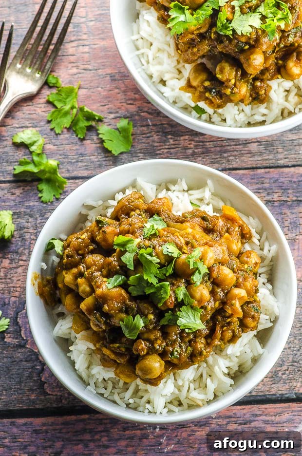 Birds eye view of one white bowl filled with white rice and eggplant and chickpea curry, garnished with fresh cilantro