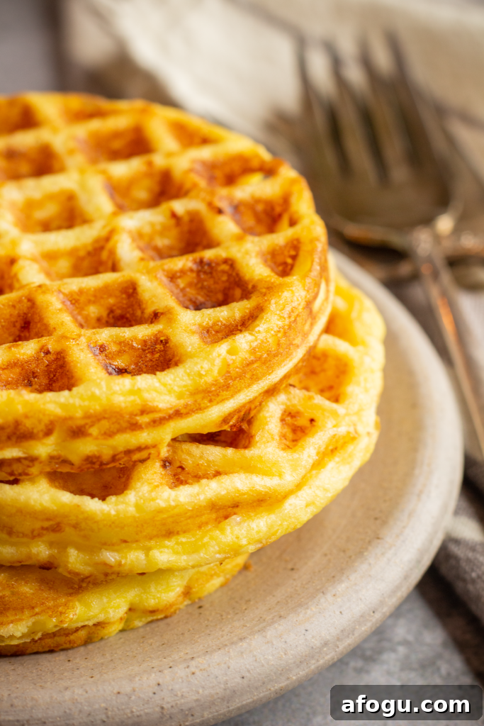 a stack of 3 chaffles on a gray stone plate. Beside the plate is a stack of worn silver forks on top of a gray and white linen