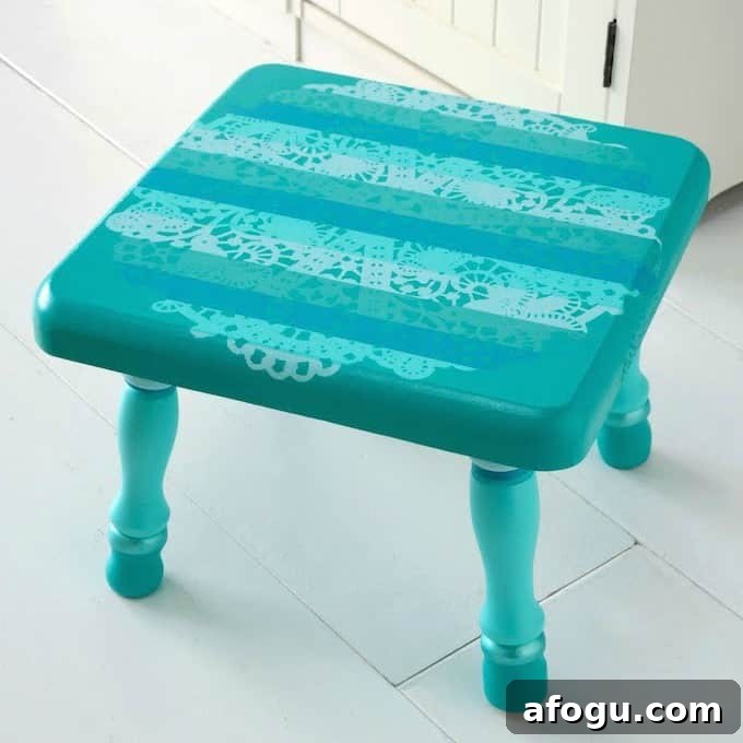 Painted Wooden Stool with a Doily Resist