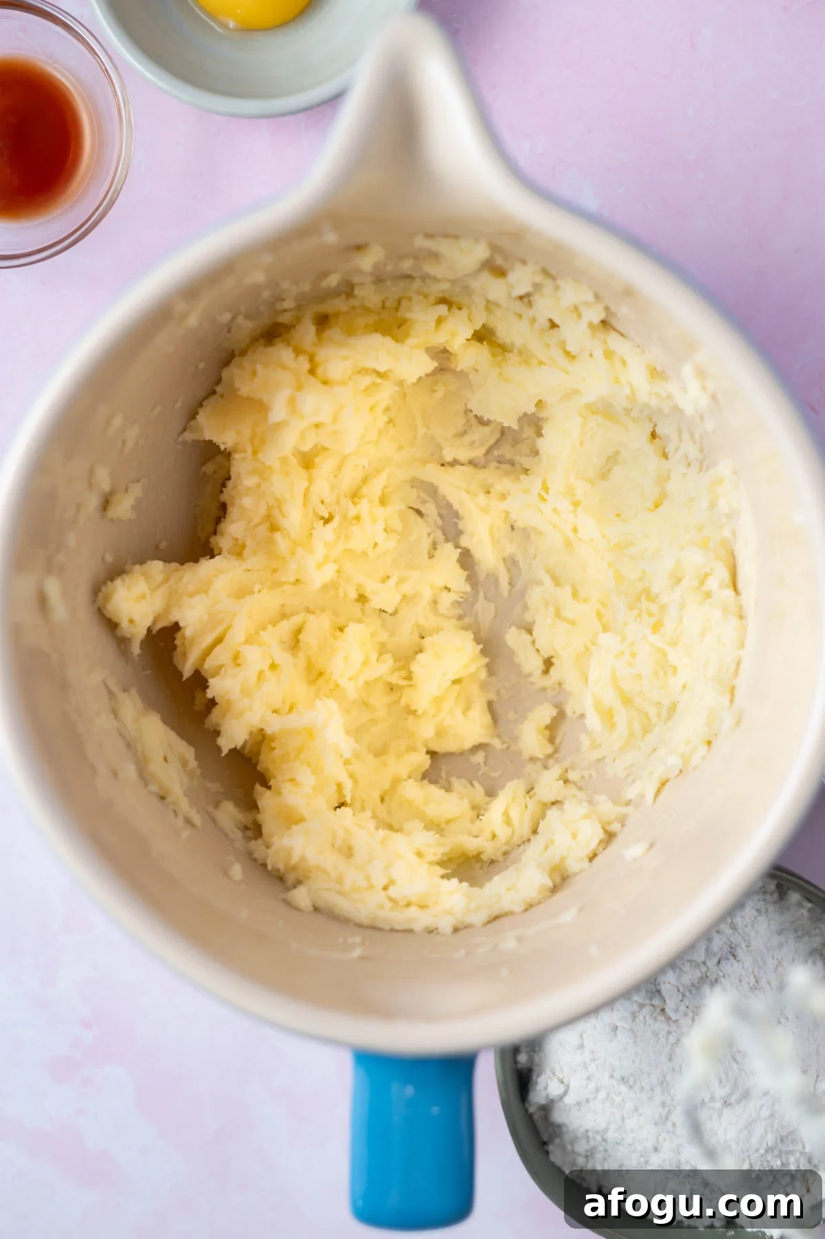 creamed butter and sugars in a mixing bowl