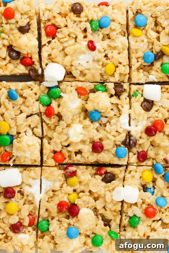 gluten-free m&m rice krispie treats cut into squares