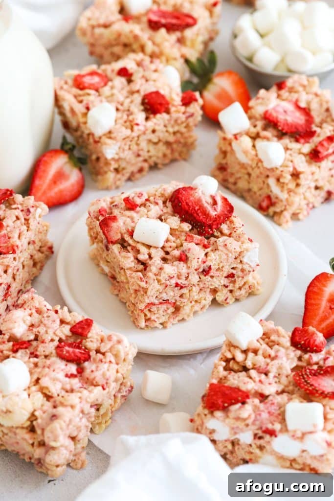 Strawberry Rice Krispie Treat Squares with freeze-dried strawberries