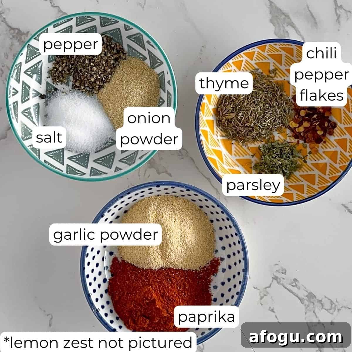 Salmon seasoning ingredients in bowls.