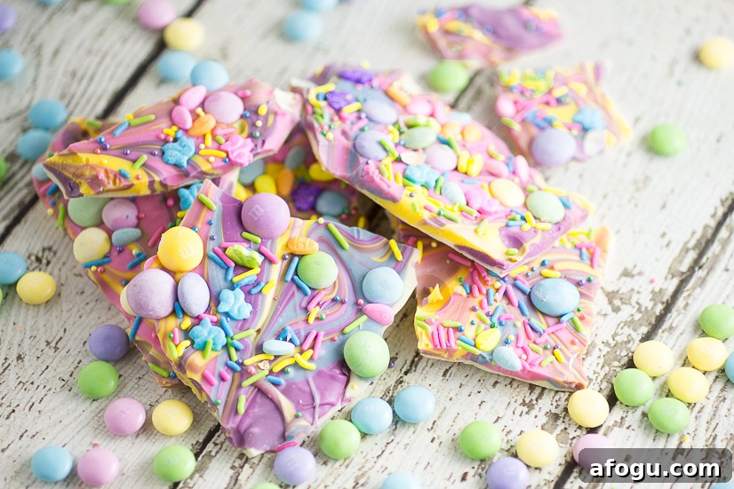 Creamy White Chocolate Easter Bark Recipe For Spring Treats 4 White Chocolate Easter Bark Recipe - Make this super easy, delicious, and adorable White Chocolate Easter Bark recipe in the microwave in just 20 minutes for a fun no bake Easter treat for kids.
