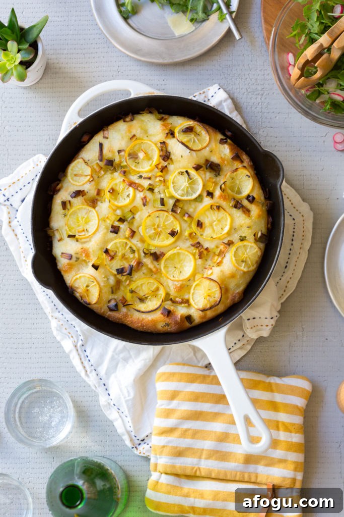Leek Lemon and Thyme Skillet Focaccia from Baking The Goods