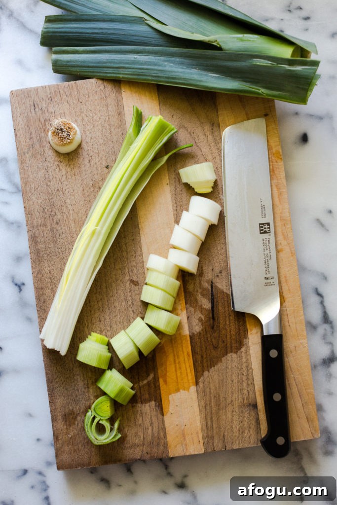 Sliced leeks for Leek Lemon and Thyme Skillet Focaccia