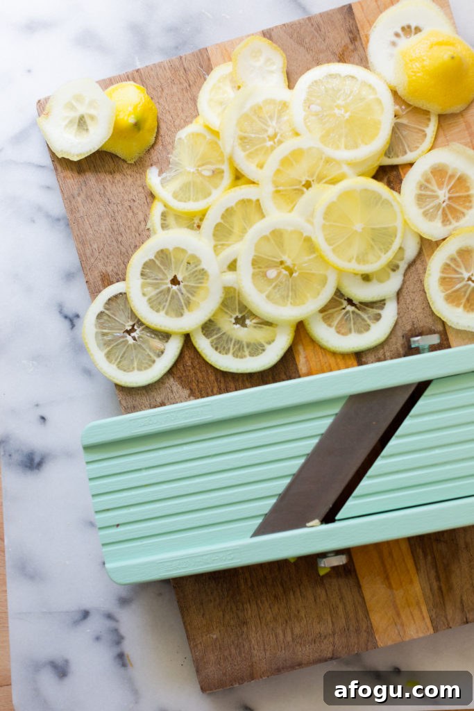 Sliced lemons for Leek Lemon and Thyme Skillet Focaccia