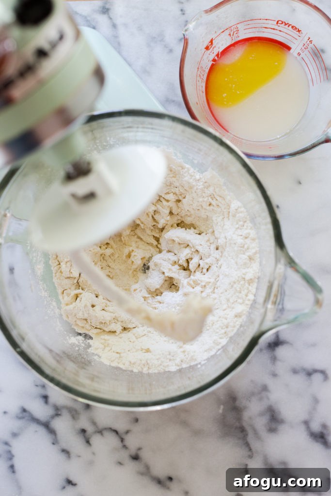 Mixing dough in stand mixer for Leek Lemon and Thyme Skillet Focaccia