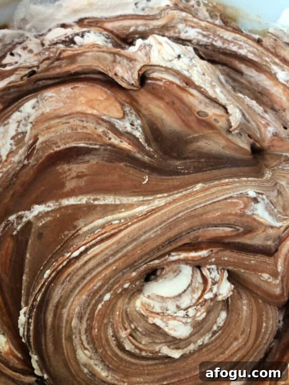 Frozen S’mores Pie Recipe: No-Bake Chocolate Graham Dessert 4 swirls of chocolate mixture and whipped cream in a bowl