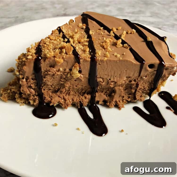 Frozen S’mores Pie Recipe: No-Bake Chocolate Graham Dessert 6 slice of s'mores pie drizzled with chocolate on a small white plate
