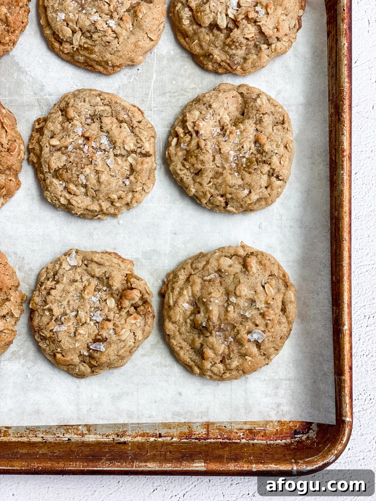 Brown Butter Oatmeal Raisin Cookies Recipe — Chewy & Flavorful 3 close up of a brown butter oatmeal raisin cookie on a baking sheet.